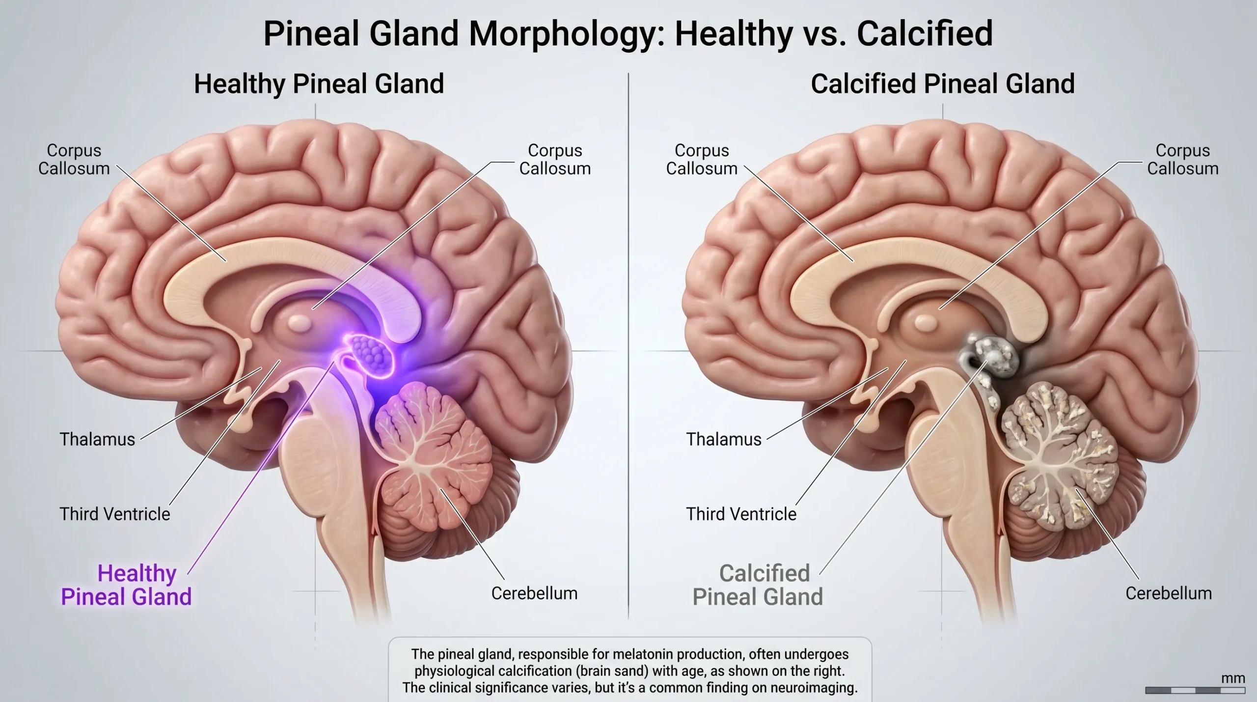 What is pineal gland calcification — biological comparison healthy versus calcified
