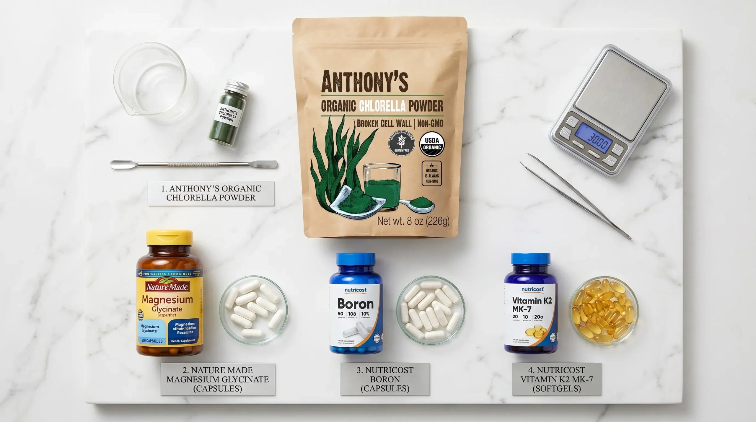 op pineal gland supplements — Magnesium Glycinate, Boron, Vitamin K2 MK-7 and Chlorella