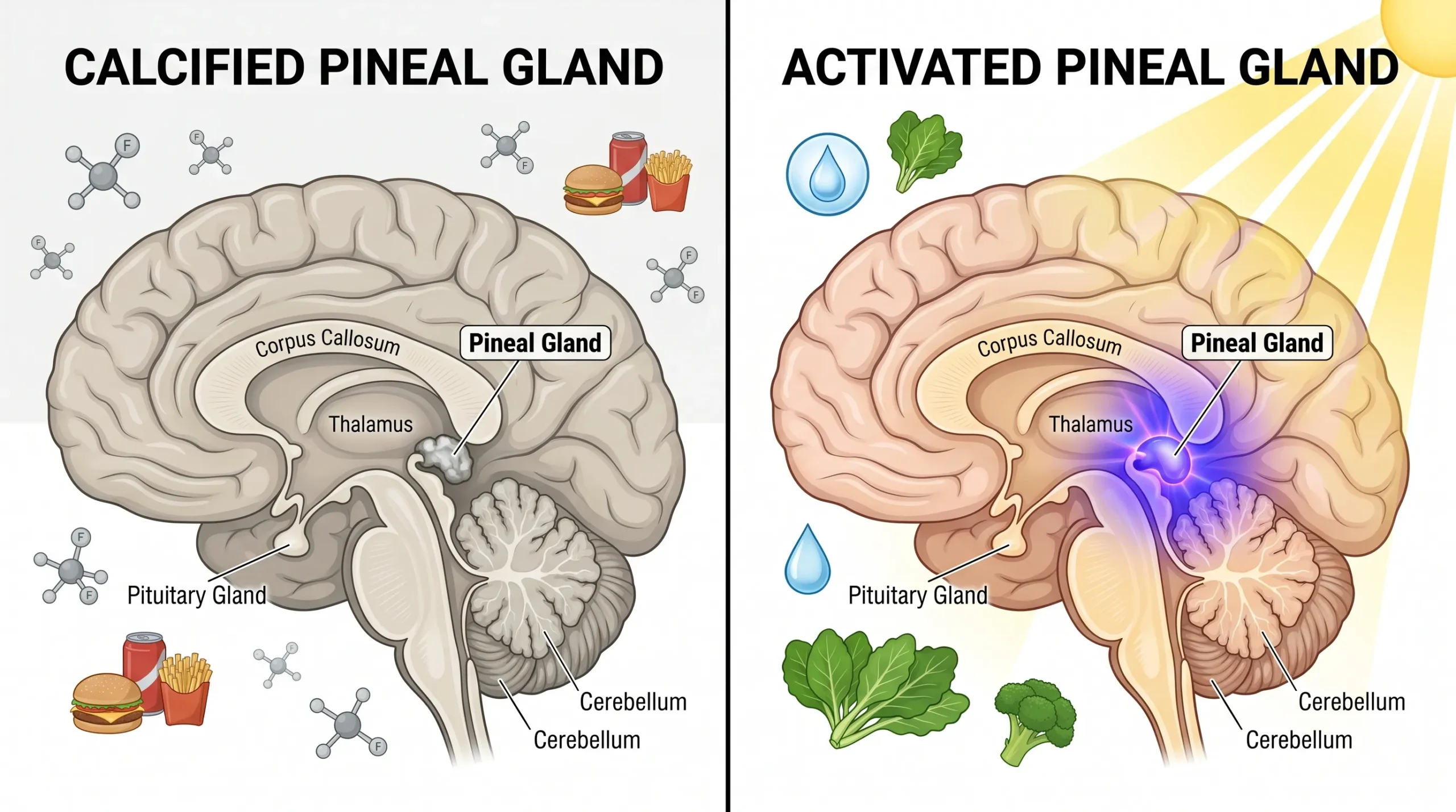 Pineal gland calcification caused by fluoride, processed food and artificial light