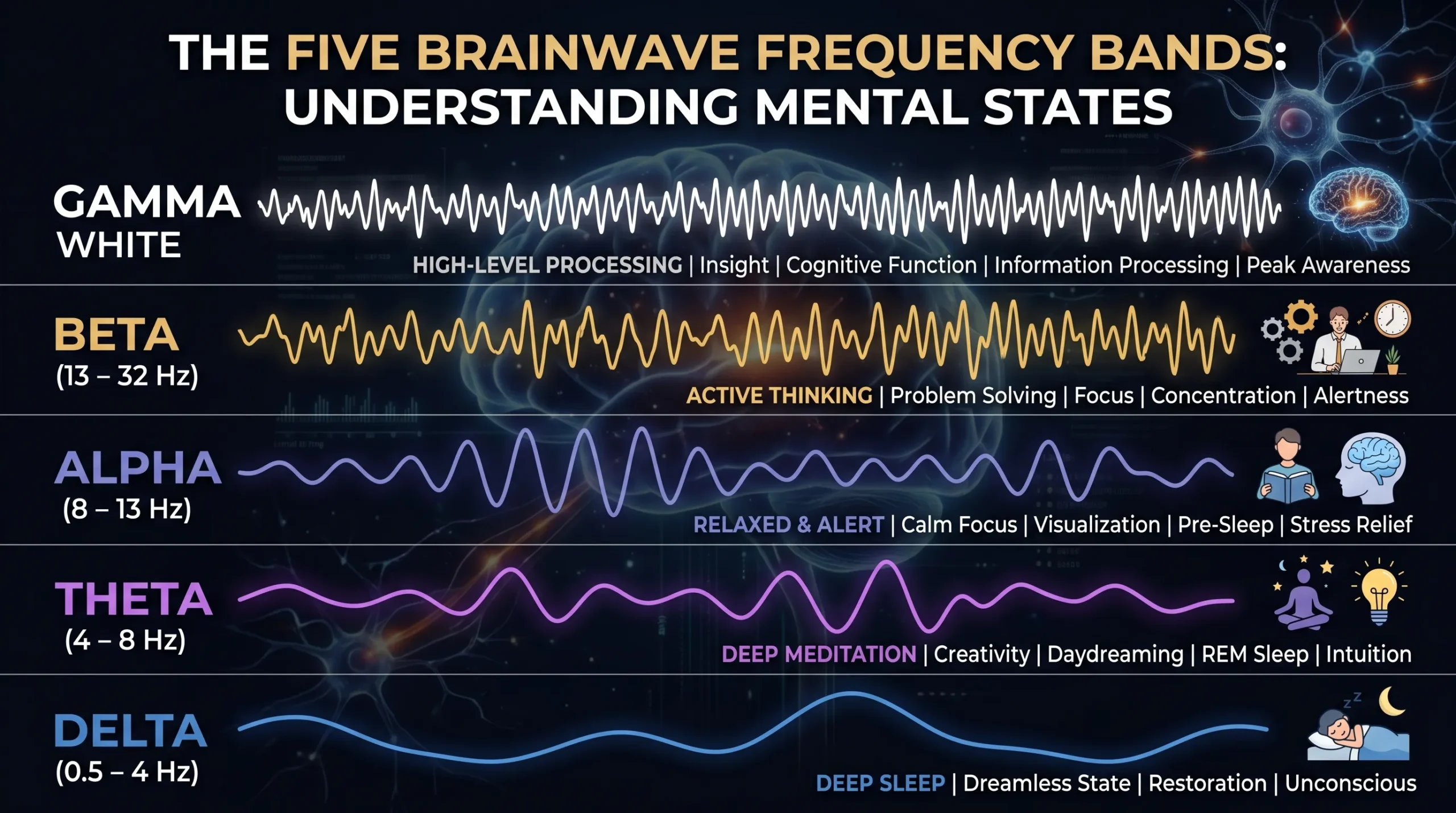 EEG frequency bands — delta, theta, alpha, beta and gamma brainwaves and their effects